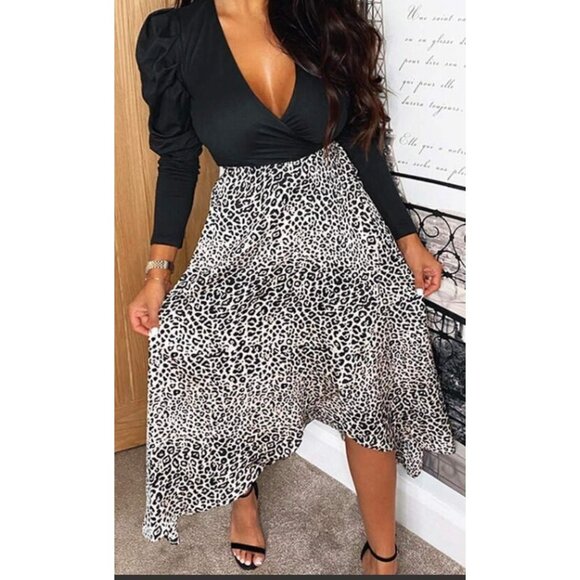 Ax Paris Animal Leopard  Print Long Sleeve Wrap Midi Dress Side Tie Split Leg - Picture 1 of 16
